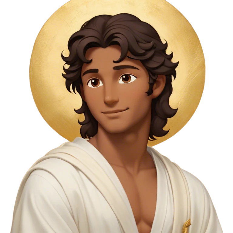 Cinematic Realistic Hercules Portrait, head tilted playfully and inquisitively, showcasing a charming blend of Disney heroic charisma and the refined grace of Michelangelo's David. His sun-kissed bronze skin and thick, wavy dark hair are rendered with classical precision, complementing a warm, inviting smile and sparkling, mischievous eyes. Clad in a softly draped white robe with subtle golden details, he exudes approachable strength under gentle, natural lighting. emoji