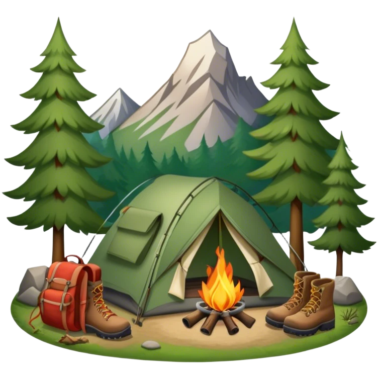 Icon for Hiking: a pair of hiking boots, a backpack, a walking stick, a tent, and a kettle over a campfire, surrounded by trees and a mountain trail. The icon should capture the adventure and warmth of camping. Transparent background. emoji