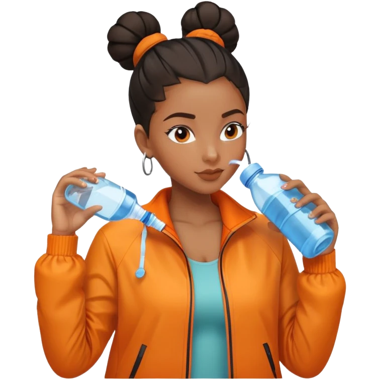 Black girl with orange jacket drinking water bottle middle part slick back bun emoji