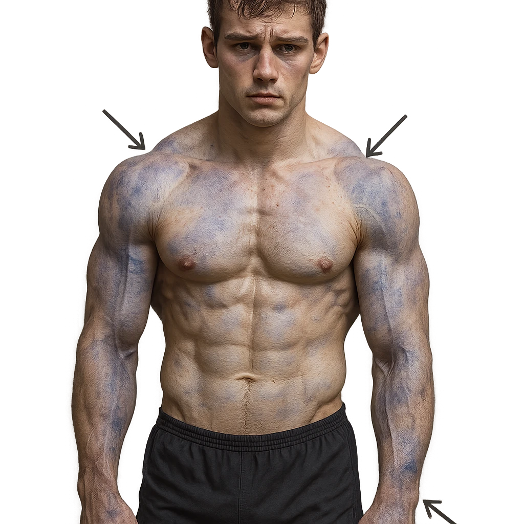 young bodybuilder with collagen deficiency, hyper realistic style, well visible muscles, skin with bluish areas indicating weakness, arrows pointing to problematic areas, neutral atmosphere emoji