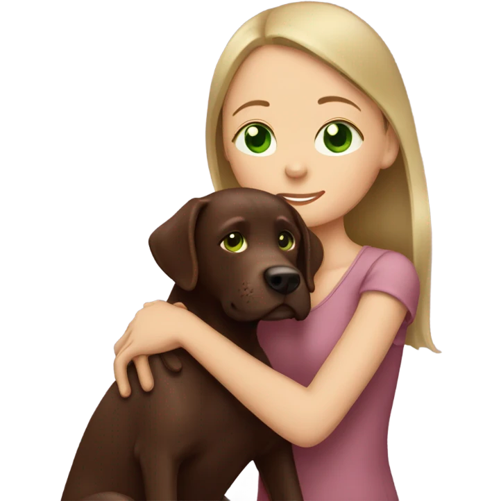 A Girl hugging her chocolate Labrador with green eyes emoji