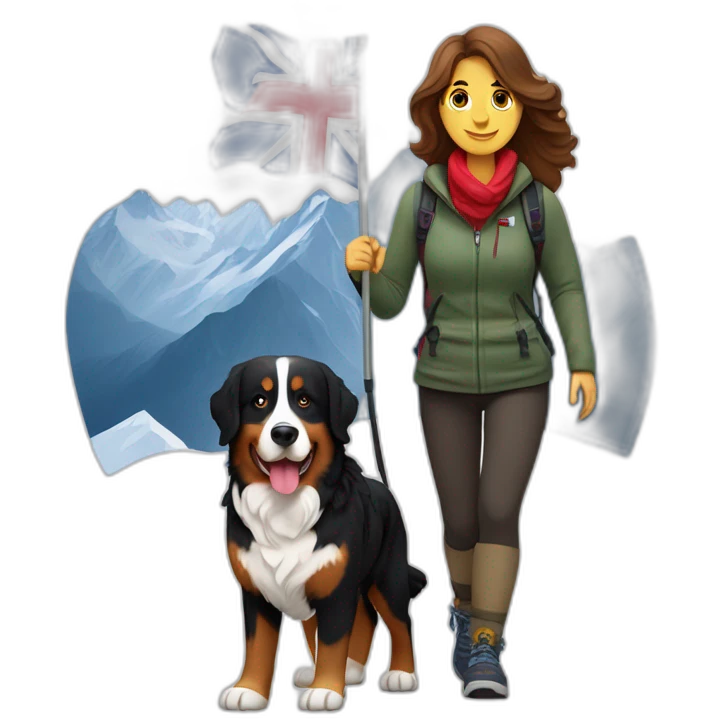 bernese mountain dog hiking with a woman with brown hairrin snow under the Norwegian flag emoji