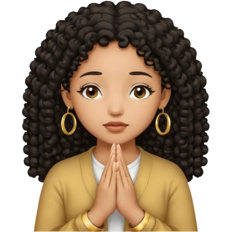 brown girl praying black curly hair and black eyes closed with gold hoop earrings emoji