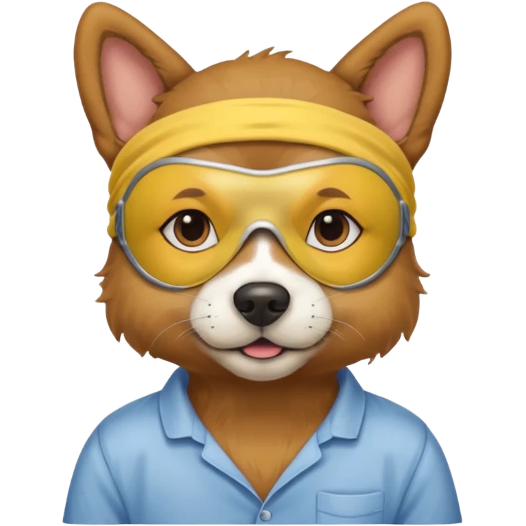 a dog with yellow sleep mask and wearing shirt emoji