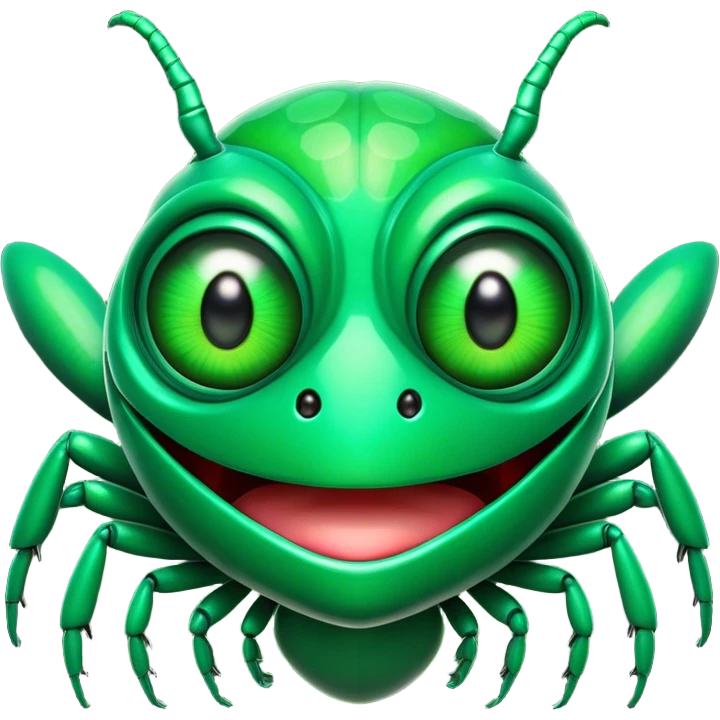 Cinematic Comical Green Bugdie Portrait Emoji, Head tilted dramatically with an exaggeratedly amused expression, featuring a striking, glossy emerald exoskeleton with bold patterns, wide, expressive multifaceted eyes filled with playful disbelief, Simplified yet hilariously expressive features, highly detailed, glowing with a slightly sassy glow, high shine, dramatic yet playful, stylized with an air of cheeky mischief, bright and endearing, soft glowing outline, capturing the essence of a spirited and over-the-top bug, so meme-worthy it feels like it could side-eye its way into internet fame instantly! emoji