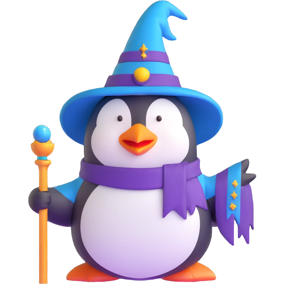penguin wizard with magic staff and wizard hat emoji