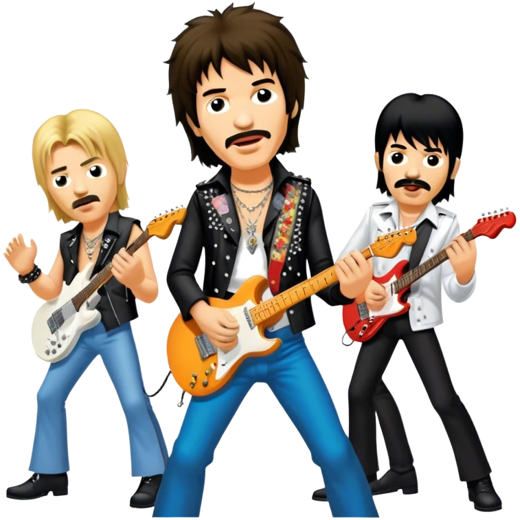 Icon for Rock Music: collage of iconic rock musicians—Klaus Meine, Jimi Hendrix, Kurt Cobain, Freddie Mercury, and Ozzy Osbourne—playing electric guitars and singing on stage. Capturing the powerful energy and rebellious spirit of rock. Transparent background. emoji