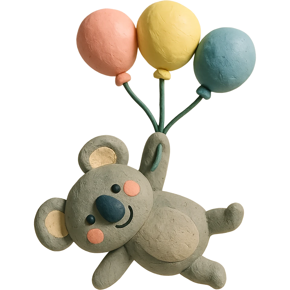 koala floating with pastel balloons, happy face, claymation style emoji