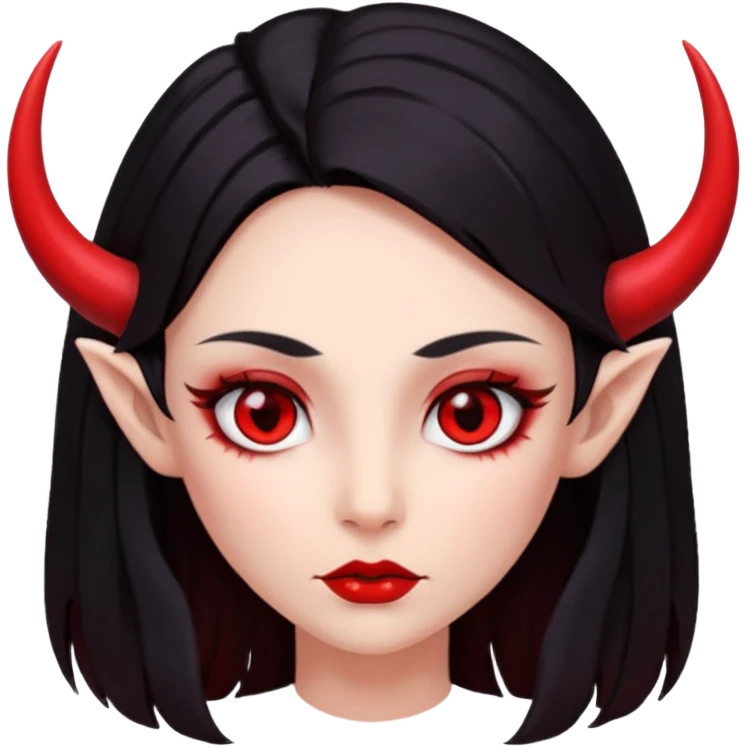 лицо девушки с скулами, с полностью красной кожей, длинные черные волосы, небольшие красные рожки и красные глаза emoji