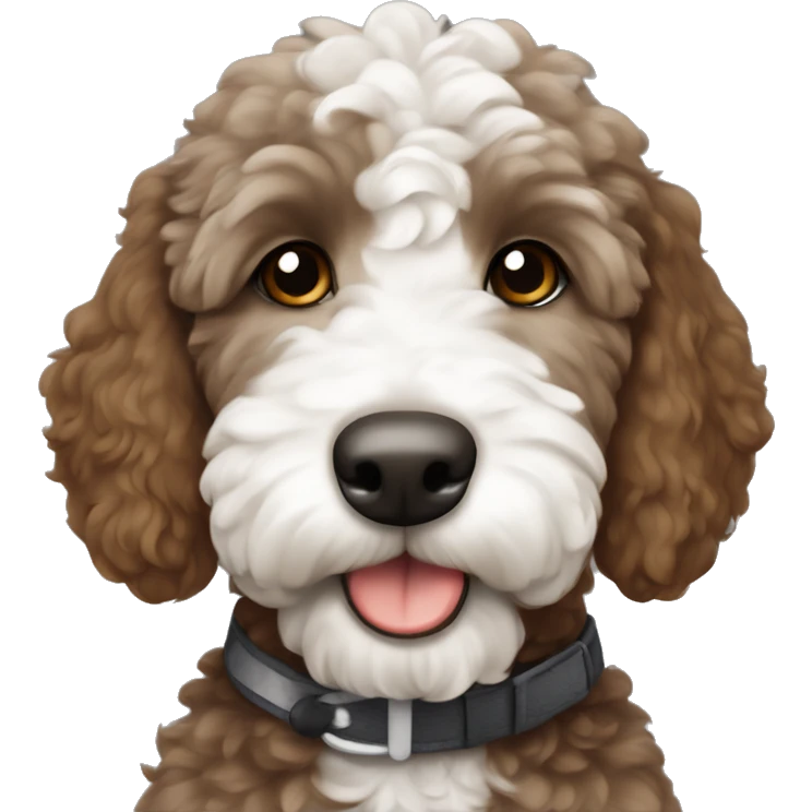 dark gray brown golden doodle with white patch on chest puppy emoji