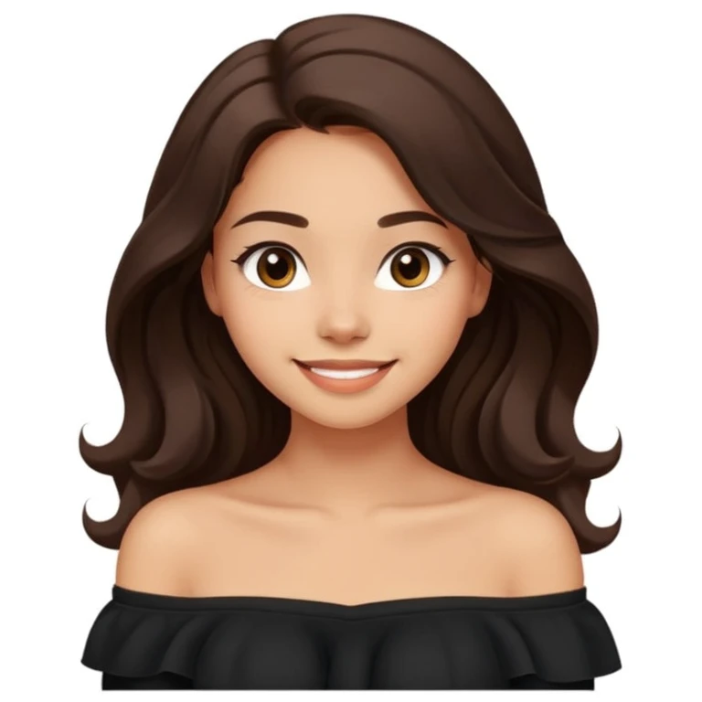 modern clean emoji of a young woman with medium skin tone, long wavy dark brown hair, wearing a black off-shoulder top, soft friendly smile, expressive eyes, warm charming style, relaxed confident vibe, neutral light color background emoji