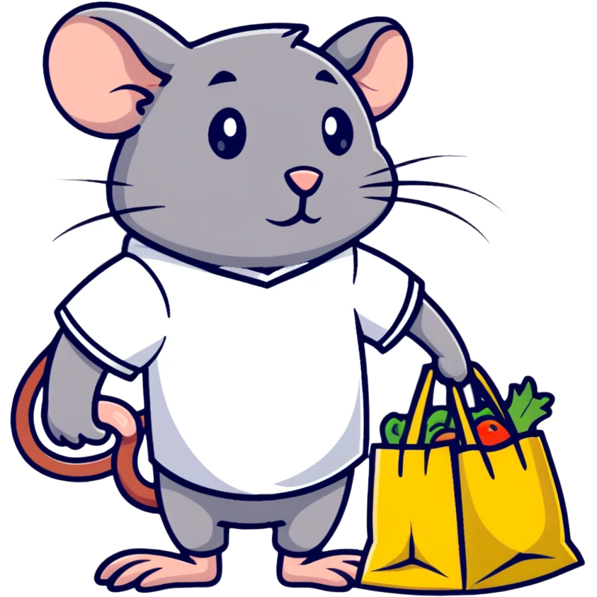 exhausted rat with grocery store uniform bagging items emoji