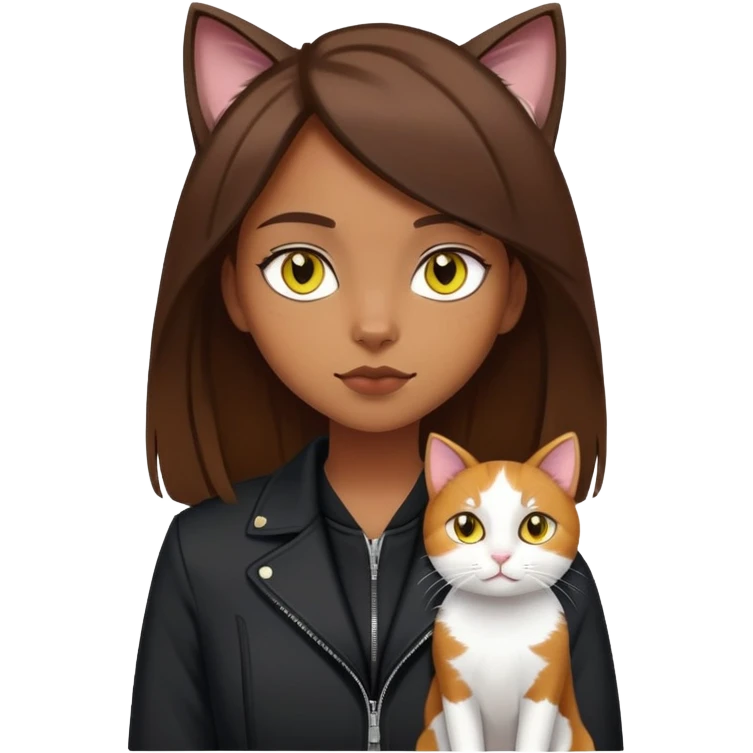 A brown straight-haired girl wearing black jacket with a white cat with yellow eyes and a calico cat emoji