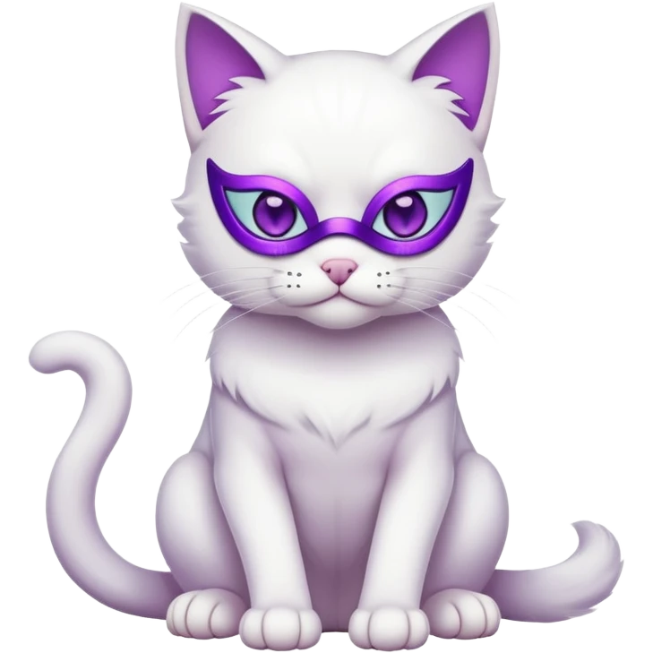 white cat sitting wearing a mask full body with purple eyes emoji