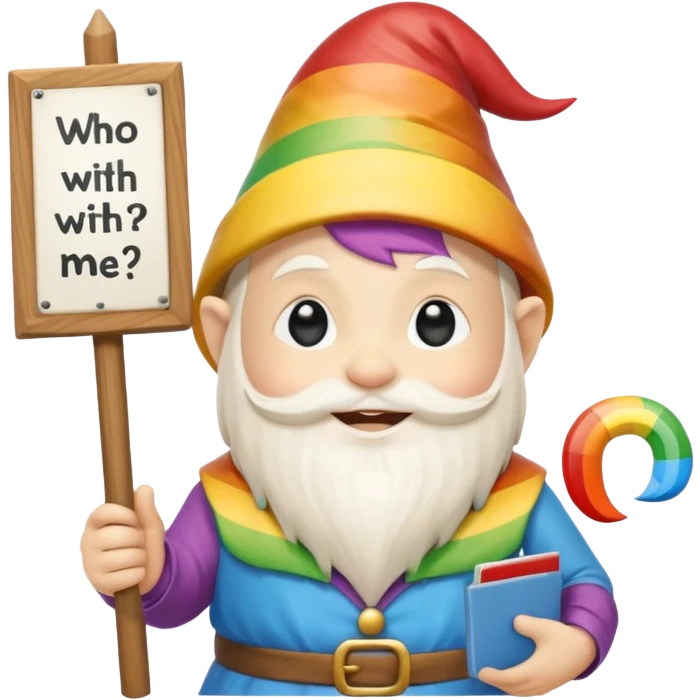 A zen rainbow gnome, holding a sign, "Silent Letter Day, who's with me?” emoji