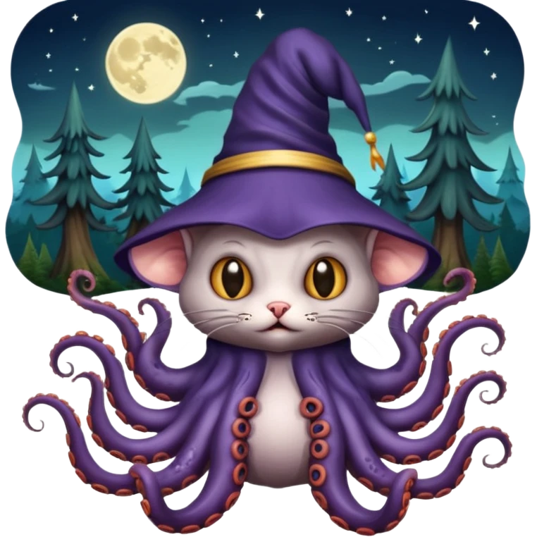 a cat that looks like a wizard that is half monster half octopus holding a rat looking super scary and mysterious with forest background nighttime sky emoji
