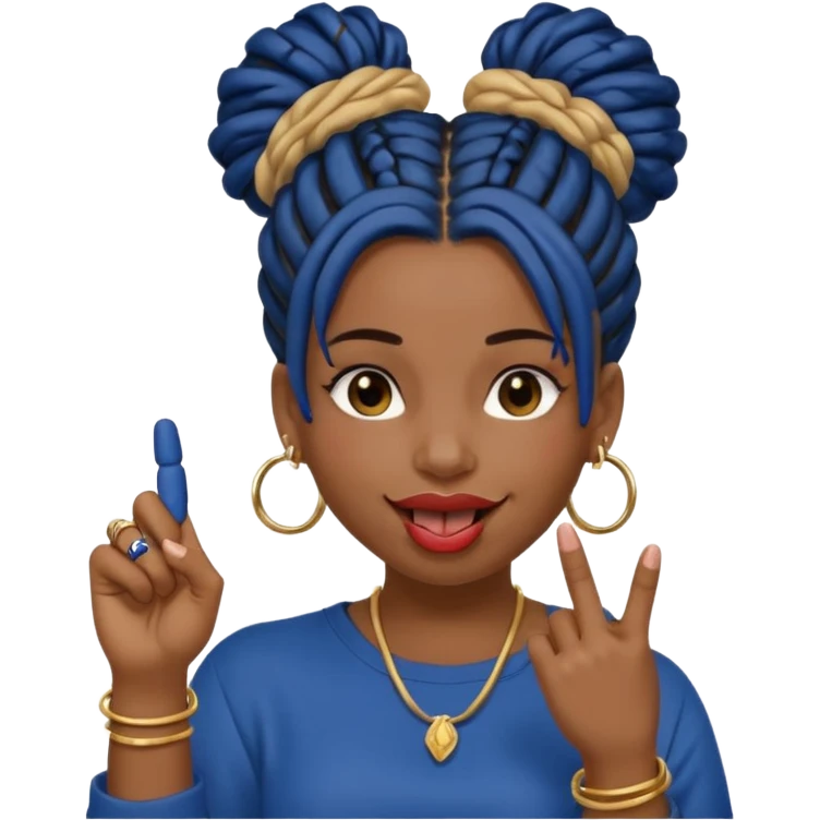 brown girl with dark blue dreads all in a bun with tongue out holding up middle finger emoji