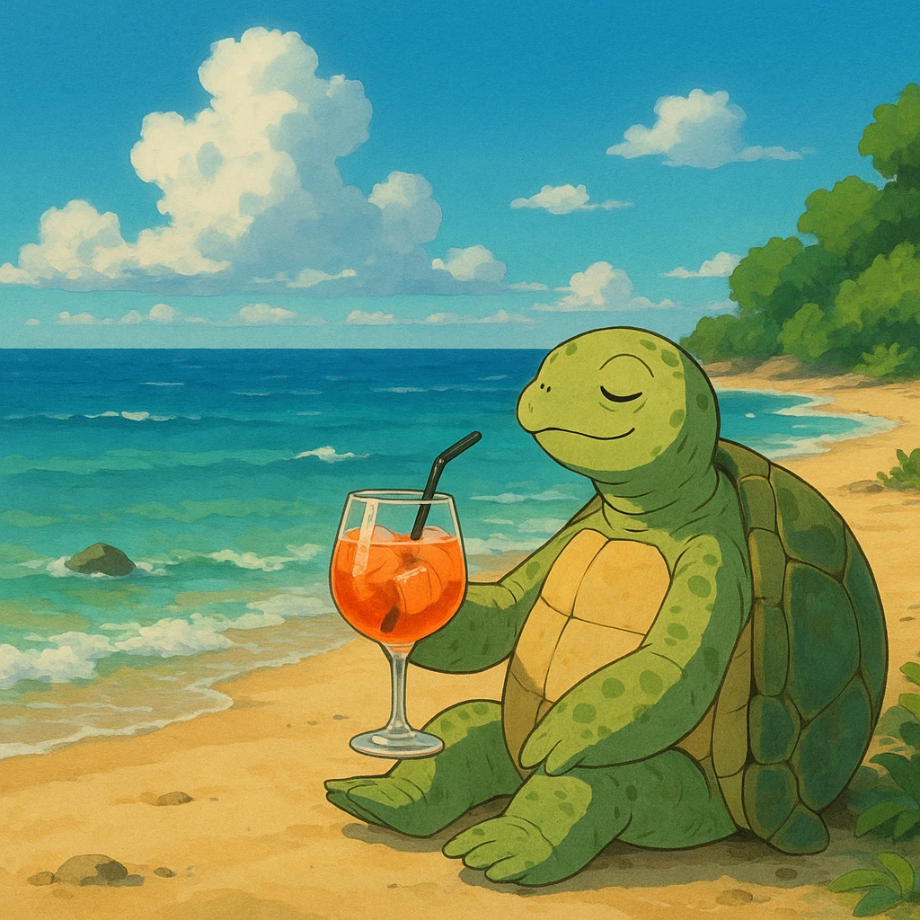 turtle sitting on the beach and drinking aperol spritz, ghibli style emoji