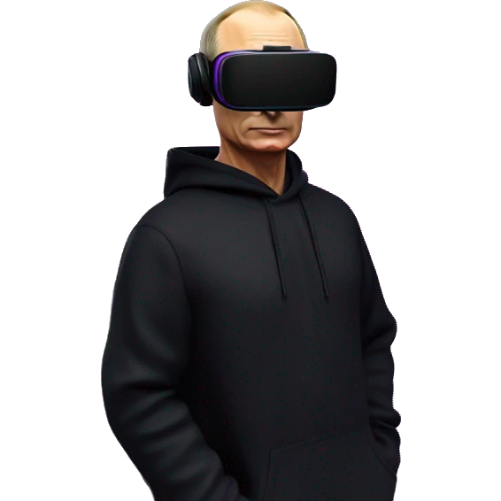 Vladimir Putin wearing a black hoodie with "OMG" letters on it and VR headset oculus quest 2 in a cyberpunk VR environment with violet neon lighting. emoji