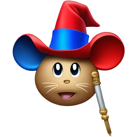 magic micke mouse, red cape, blue hat, magic wand, tickets logo, emoji