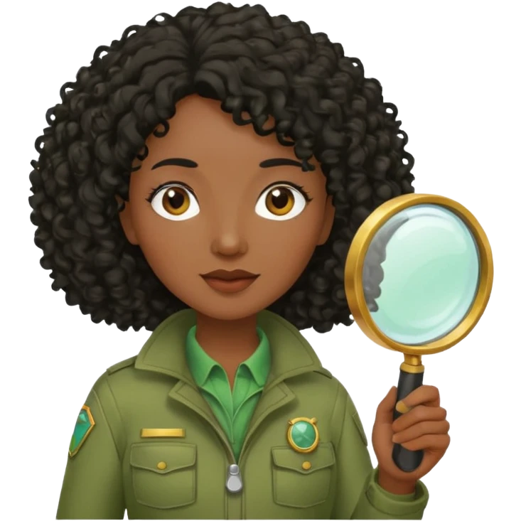 dark skin curly black haired middle-aged woman in moss green explorer outfit, holding magnifying glass emoji