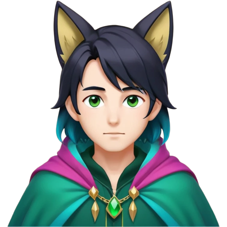anime man with long-straight-dark-black-gradient hair with green accents, long black fox ears with pink Scapha, hazel-gradient-brown-turquoise eyes, gold earring, dark-blue-sweater, green cape,  emoji