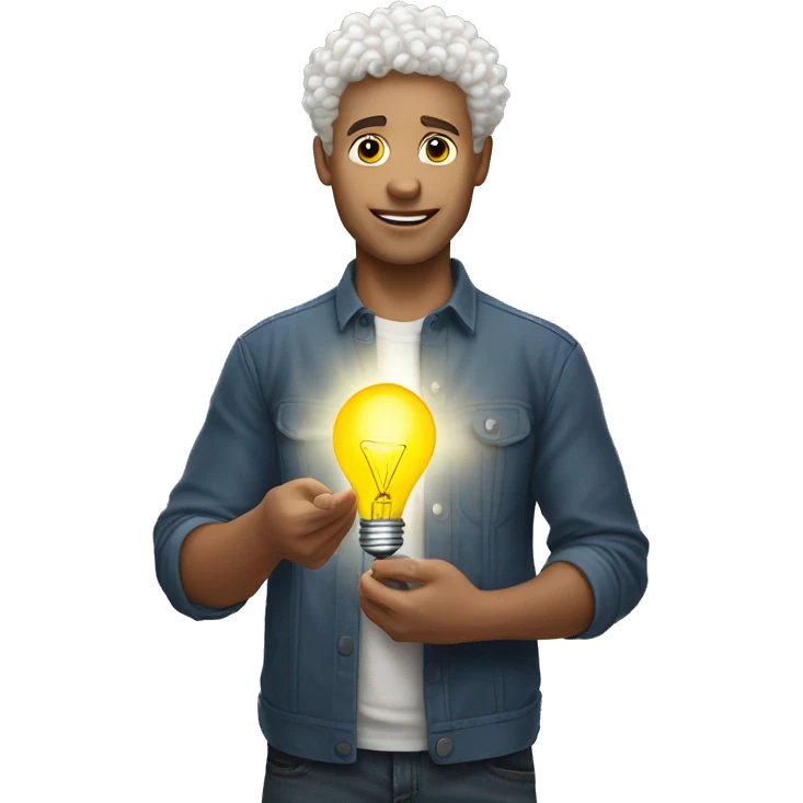 white curly-haired guy holds a light bulb in his hands emoji