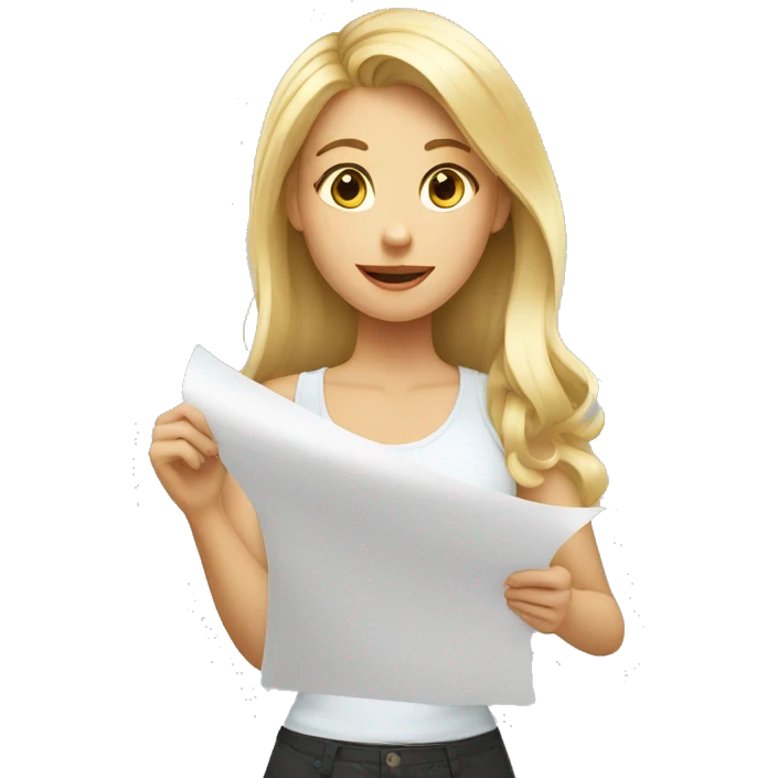 blonde girl giving feedback with a sheet of paper emoji