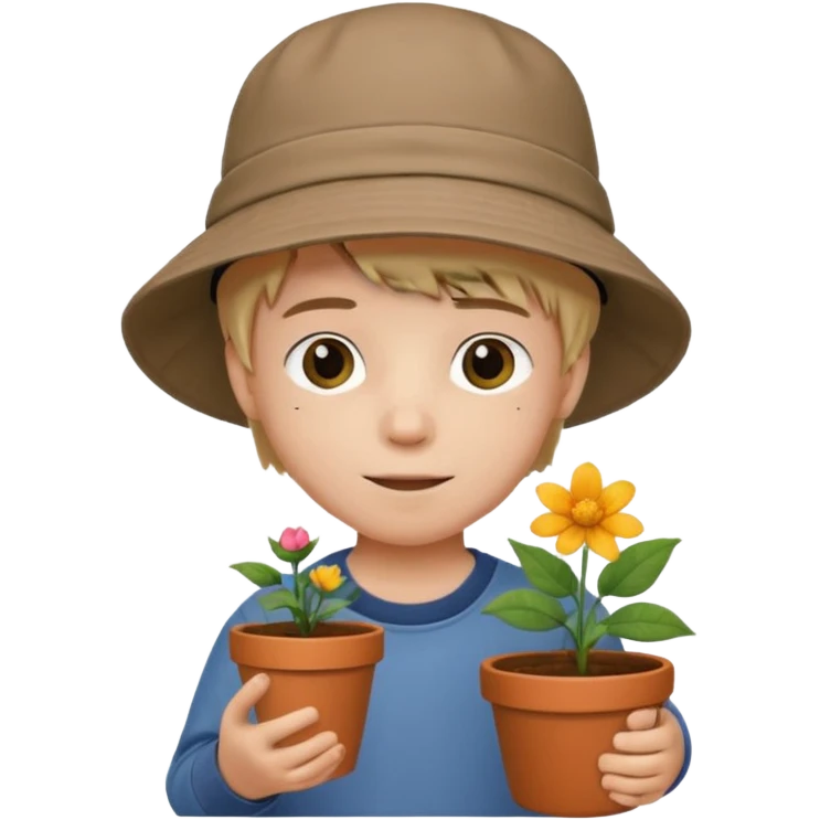 young boy wearing bucket hat, holding a flower pot emoji