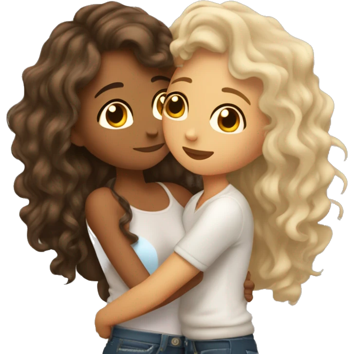 Kissing lesbians, one with long curly brown hair and tan skin one with long straight hair and light skin, brown eyes. Kissing hugging kiss emoji