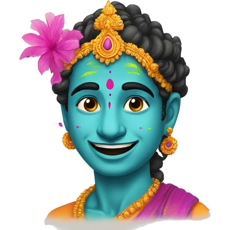 Krishna in holi with gulal on his face and mor pank on his head emoji
