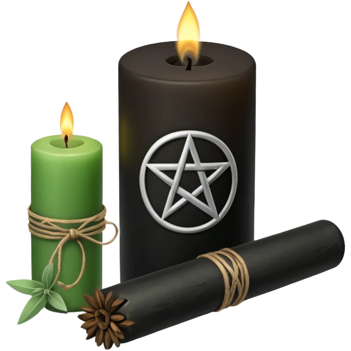 Black candle with a pentacle on it next to a bundle of sage emoji