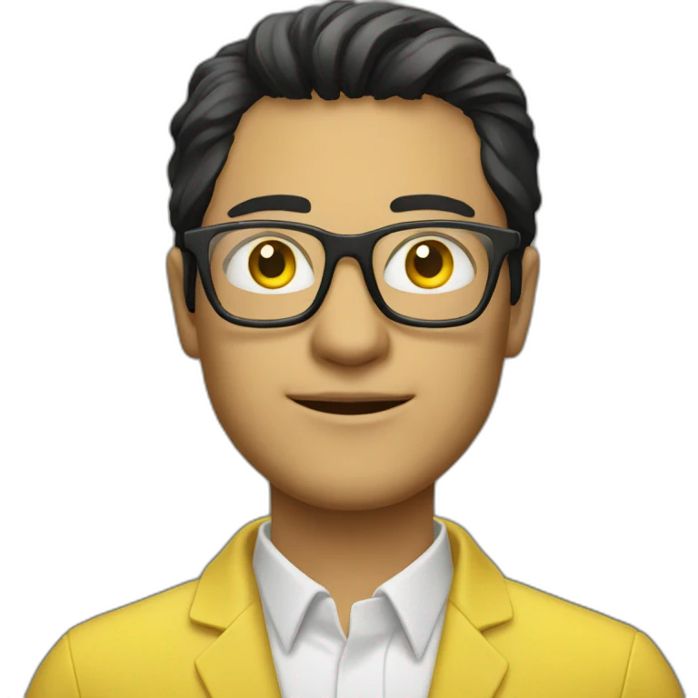 Man with yellow tinted glasses and black hair holding computer  emoji