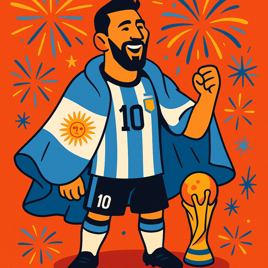 Stylized Messi draped in Argentina flag, World Cup trophy at his feet, fireworks in background emoji