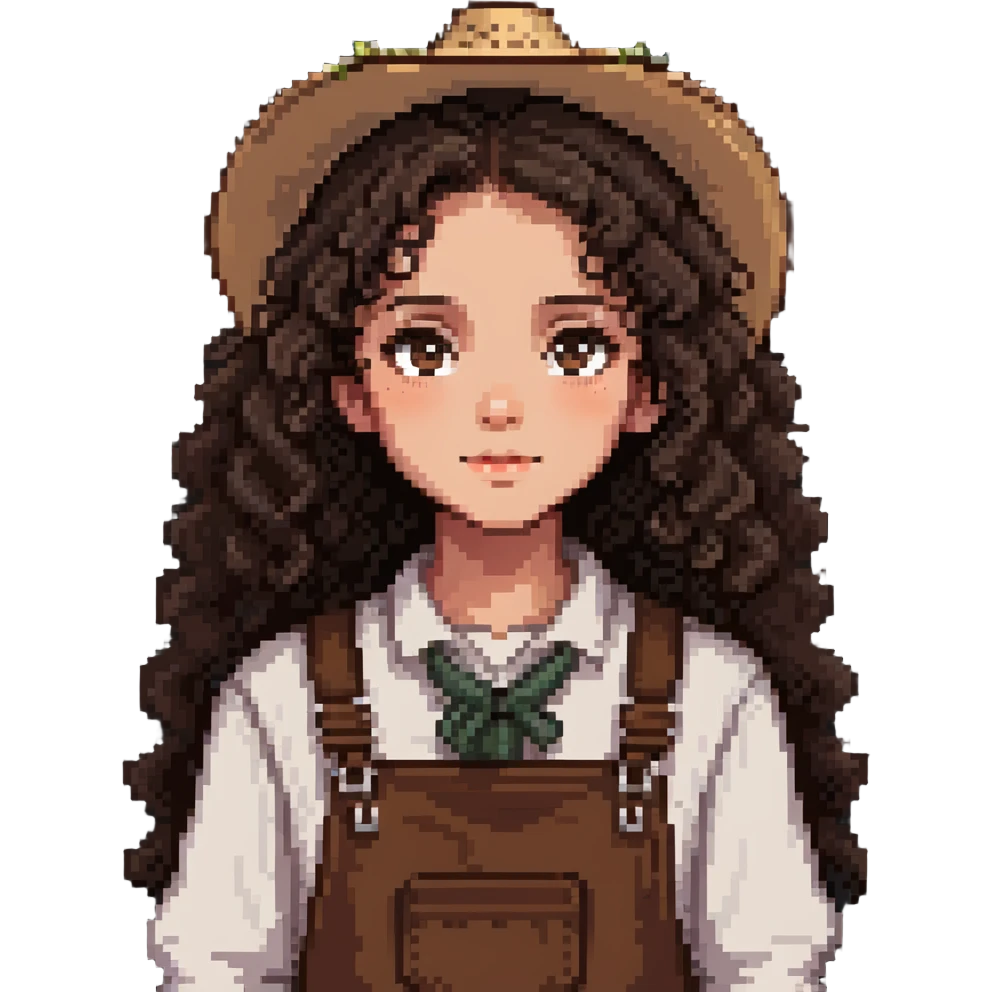 white girl with dark brown curly hair, brown eyes, wearing farm clothes emoji