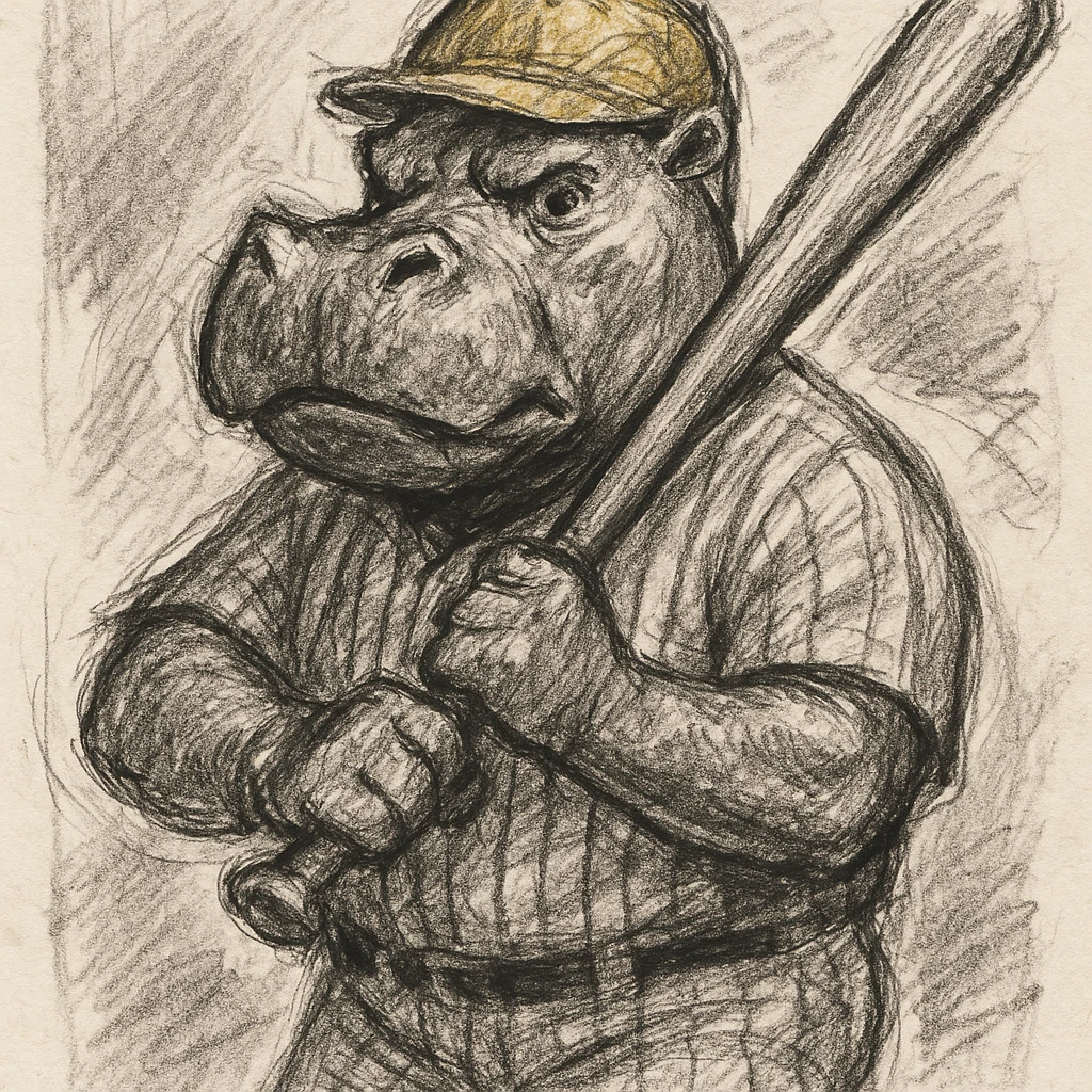 hippo holding a baseball bat, wearing a yellow helmet, pinstripes outfit emoji