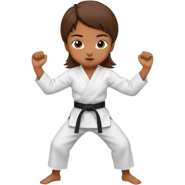 Ragazza castana che pratica karate, ha la cintura nera ed io tradizionale kimono bianco del karate, tira un calcio laterale oppure un pugno oppure è in posizione di guardia emoji