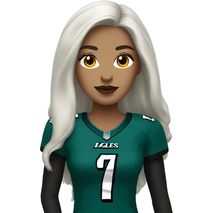 White female long dark hair red lips wearing Philadelphia Eagles jersey emoji