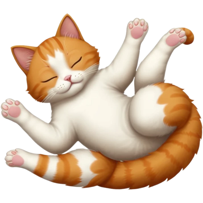 ginger and white small cat eyes closed lying down upside down with paws stretched out in different directions emoji