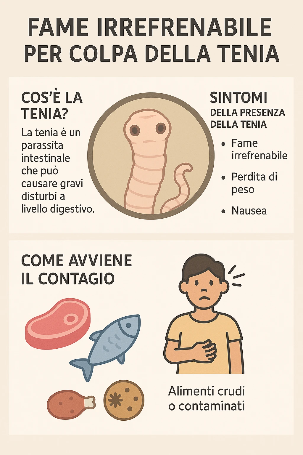 fame irrefrenabile per colpa della tenia, infografica italiano emoji