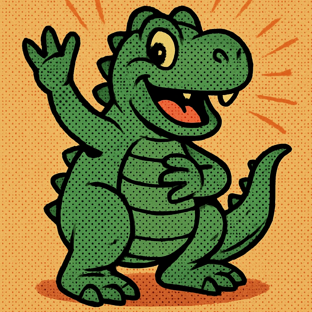 friendly green cartoon dinosaur in classic comic book style emoji