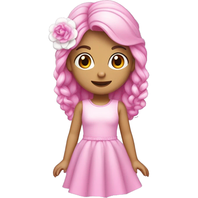 Menina com cabelo encaracolado em duas cores rosa do lado esquerdo e Lilás do lado direito. A menina está usando um vestido rosa claro com detalhes de flores brancas na barra e calçando tênis rosa brilhante. emoji