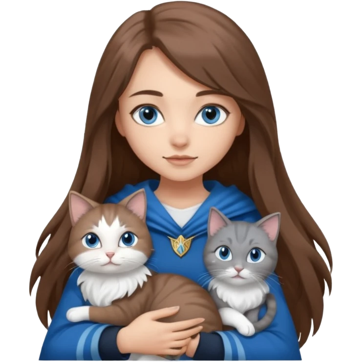 gorgeous Girl with light skin, blue eyes, long brown hair, wears a ravenclaw outfit, with a grey and white cat holding in her arms emoji
