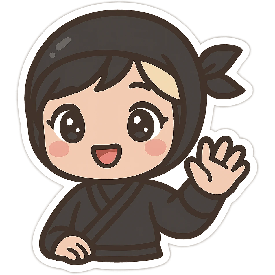 Super cute kawaii chibi style ninja girl with big sparkling eyes, round face, soft colors, playful charm, black short hair with a blonde streak, only head and arms visible, bold outlines, no mask, hand fully raised waving to the left, smiling, sized for Twitch emoji use. emoji