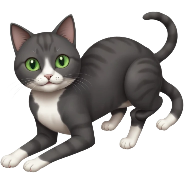 beautiful female solid dark grey cat with green eyes, white toes/paws and white patch on her chest playfully rolling upside down emoji