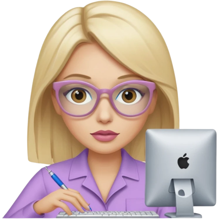 donna bella, occhi azzurri con occhiali, capelli medi, lisci e biondi, lavora al pc. Labbra color malva chiaro emoji