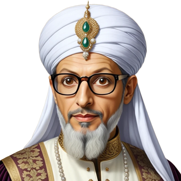 Jeff Goldblum no glasses as a regal portrait dressed as _cinematic-realistic-portrait-of-suleiman-the-magnificent,-depicted-as-a-regal-ottoman-sultan-adorned-with-a-large,-white,-round,-tall-turban-and-a-majestic-grey-beard,-his-commanding-gaze-bathed-in-warm,-historic-lighting-that-exudes-timel emoji