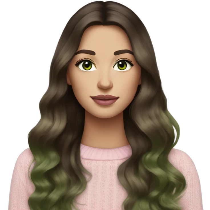 Brunette balayage long hair white woman green eyes black sweater with light pink lips  emoji