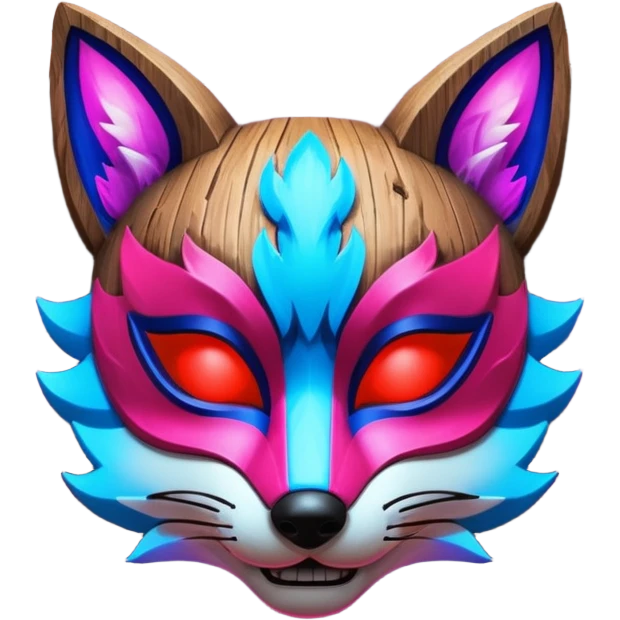 Ancient wooden mask, split in half, luminous and neon with red, blue and pink fox-like glow. emoji