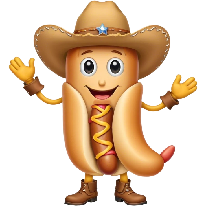 Hot dog with a face and arms and legs and a cowboy hat emoji
